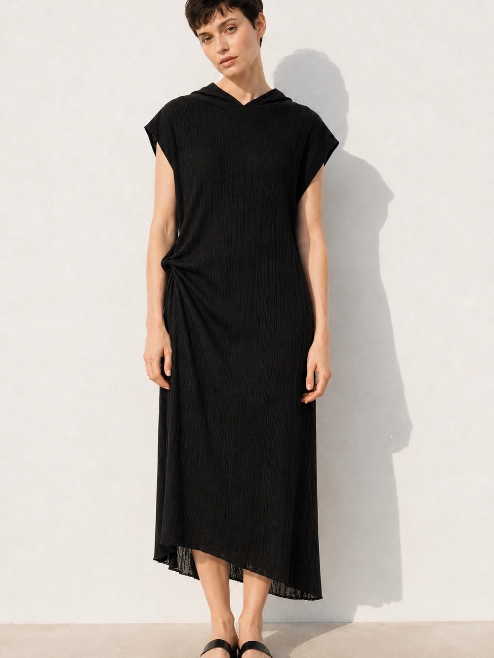 Zara Hooded Ribbed Knit Midi Dress Side Knot XS-S NWT